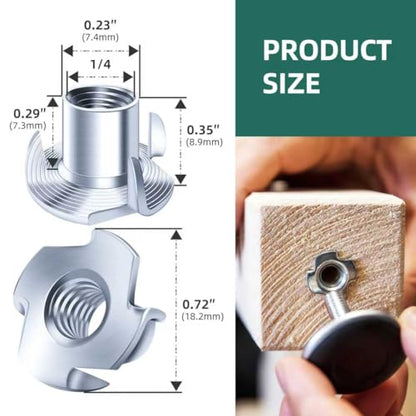 100PCS 1/4-20 T-Nuts Zinc Plated Steel Nutserts, 4-Pronged Tee Nut for Wood, Rock Climbing Holds T Nuts 1/4-20 Set for Wood Furniture - size: 1/4"-20