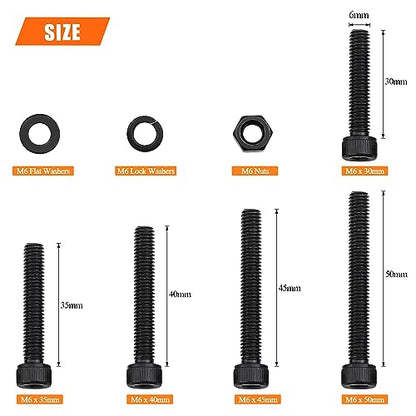 HELIFOUNER 80 Pieces M6 x 30mm /35mm /40mm /45mm /50mm, Hex Socket Head Cap Metric Screws Bolts Washers Nuts Kit, 12.9 Grade Alloy Steel, Fully Threaded, Black - size: M6 x 30/35/40/45/50mm, style: Socket Head