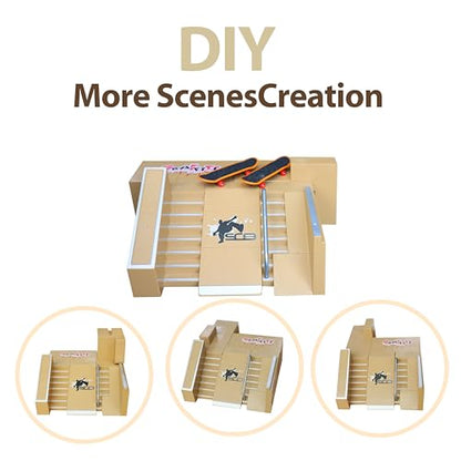 Fingerboard Skate Park Kit with 8 Skatepark Deck Ramp & 2 Mini Fingerboards | Skatepark Deck Ramp for Boys or Girls Gift，DIY Finger Skateboard Ramp Set for Kids Ages 5+