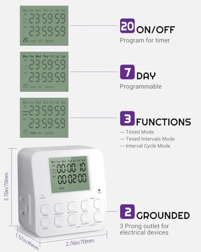 NEARPOW 2-Pack Dual 7 Day Programmable Timer Outlet, Infinite Repeat Cycle | 20 ON/OFF Programs, 24H Digital Indoor Timed Interval Cycle Power Plug, Heavy Duty Electrical Switch, Heavy Duty 15A/1875W - size: 2 Pack