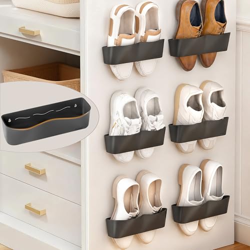 6Pack Wall Mounted Shoe Rack, Adhesive & Drill Mount - Black | Patent Protected, Reduce Clutter, Sturdy and Stable Hanging Shoe Organizer, Plastic Shoe Storage for RV, Camper, Closet Door - color: Black