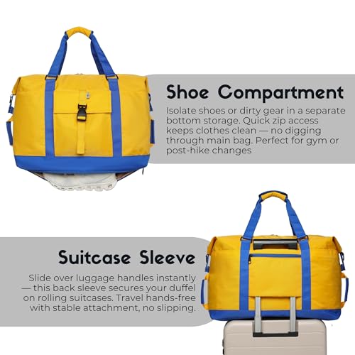 SUNNY BIRD Duffel with Utility Pouch, 40L Weekender Overnight Bag with Shoe Compartment for Travel and Sports (Yellow and blue) - color: Yellow and blue