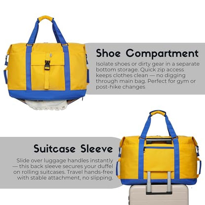 SUNNY BIRD Duffel with Utility Pouch, 40L Weekender Overnight Bag with Shoe Compartment for Travel and Sports (Yellow and blue) - color: Yellow and blue