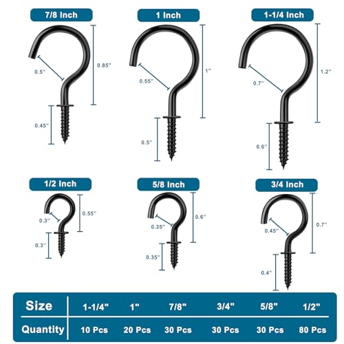 200 Pcs Screw Hooks kit, 6 Sizes Vinyl Coated Ceilling Wall Cup Hook | for Hanging Plant, Mug, Coffee Cups, String Light Decors, Indoor & Outdoor, Black (1/2in, 5/8in,3/4in,7/8in,1in,1-1/4in)