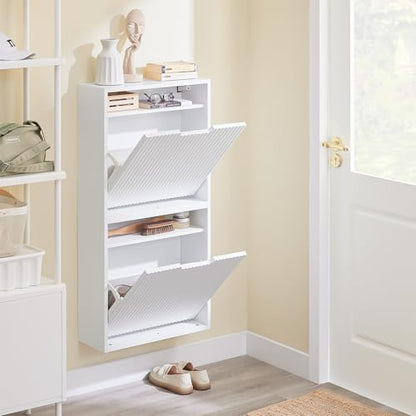SoBuy Wall Mounted Slim Shoe Cabinet for Entryway, Narrow Shoe Rack Cabinet with 2 Flip Drawers, FSR204 (White) - color: White, size: Wall Mounted