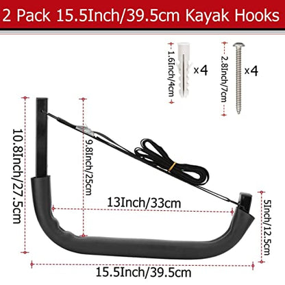 Kayak Storage Racks, Canoes Garage Storage Hooks, Wall Mount Surfboard Hangers and Stand-Up Paddle Board Holder - size: 15.5In-2 Pack