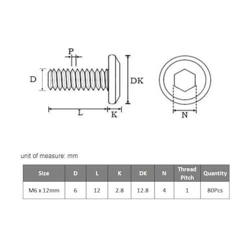 VGBUY M6-1 x 12 mm 80pcs Flat Head Hex Socket Cap Screws Metric M6 Bolts, 304 Stainless Steel 18-8, Black Zinc Plated, Full Thread, with Hex Spanner - size: M6 x 12mm(80pcs)