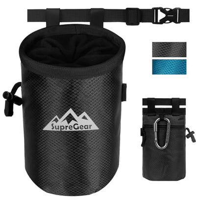 supregear Chalk Bag for Rock Climbing, Large Zipper Pocket with Brush Holder, Drawstring Closure, and Carabiner Clip, Ideal for Bouldering, Weightlifting, Gym - color: Black