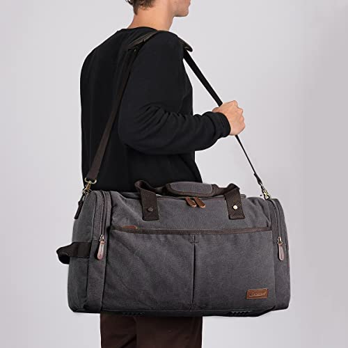 S-ZONE 65L Expandable Canvas Duffle Bag Travel Overnight Holdall Weekend Bag with Shoes Compartment Large Carry On Bag Tote Gym Bag for Men Women, Grey, L | Cotton Canvas, 45L Large Size, Shoes Compartment,Multi-Pocket, Removable Shoulder strap for Gym or