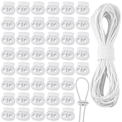 Patelai 50 Pieces Cord Locks Spring Toggles Stoppers Plastic Single Hole End Stopper Slider and 1/8 Inch 66 Feet Elastic Bungee Cord for Drawstring Shoelaces Clothing Bags(White, Simple Style) - size: White, style: Simple Style