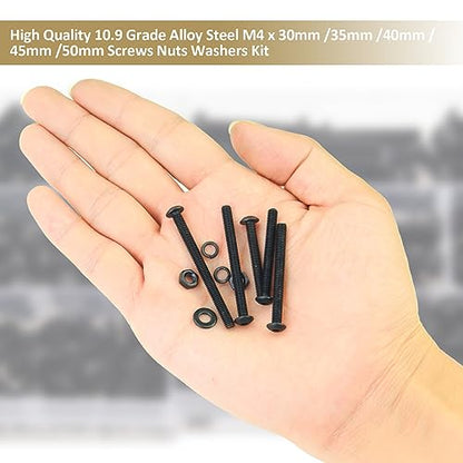 202 Pieces Black M4 x 30/35 /40/45 /50 mm Button Head Socket Cap Screws Nuts Washers Assortment Kit, 10.9 Grade Alloy Steel - size: M4 x 30/35/40/45/50mm, style: Button Head