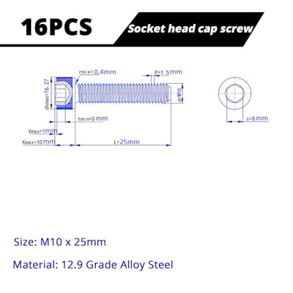 M10-1.5 x 25mm Socket Head Cap Screws Cap Bolts, 12.9 Grade Alloy Steel Black Oxide, Allen Socket Drive, Machine Full Thread, 16 PCS (16mm-80mm Available) - size: M10x25mm(16PCS)