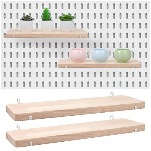 Lemecima 2 Pcs Pegboard Shelves, Solid Wood Wall Shelf with Hooks, Compatible with Skadis Pegboard, Organizer Accessories for Home & Office