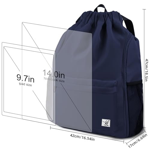 Drawstring Backpack with Mesh Pockets String Gym Bag Sackpack Sandproof Water Resistant Beach Backpack for Men Women - color: Midnight Blue