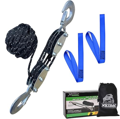 XSTRAP STANDARD Heavy-Duty 50 FT Reflective Rope Hoist Pulley System, Black | Metal Wheels Bearing 2000 LB Breaking Strength Block and Tackle Pulley System for Lifting Heavy Objects, with 2pcs Soft Loops - color: 50ft Black with Reflective Strips