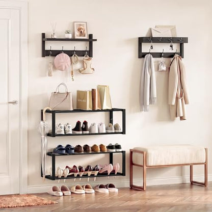 4 Pack Wall Coat Rack with Shoe Rack, 2-in-1 Coat and Shoe Rack Entryway | Adjustable Hanging Shoe Rack Holds 16 Pairs with Hooks, Wall Mounted Coat Rack Space Saving for Hallway Closet Bedroom, Black - size: shoe and coat rack