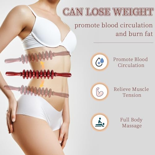 Liitrton Manual Wooden Massage Roller Stick for Legs, Body Roller, Red | Wood Therapy Massage Tools for Trigger Points Relief, Sore Muscle Recovery - color: Red Straight-9-wheel