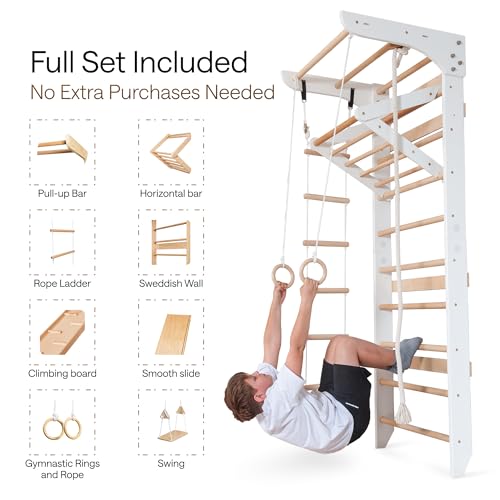 WEDANTA Wooden Swedish Ladder Wall Set – Kids Stall Bars for Exercise – Kids Swedish Gymnastic Wall Gym – Wood Stall Bar Gymnastics Playground – Best Gym for All Family - color: White