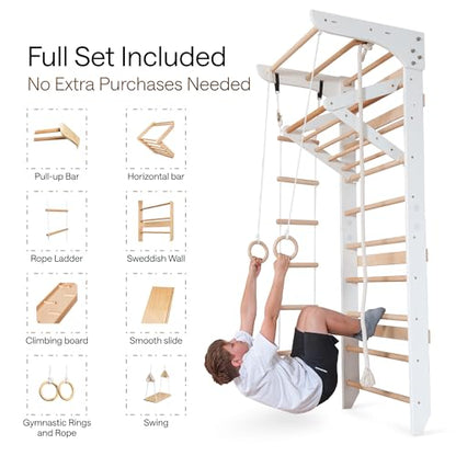 WEDANTA Wooden Swedish Ladder Wall Set – Kids Stall Bars for Exercise – Kids Swedish Gymnastic Wall Gym – Wood Stall Bar Gymnastics Playground – Best Gym for All Family - color: White