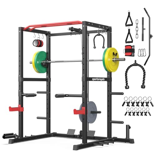 SPORTSROYALS Power Rack, Multi-Functional Power Cage, Squat Rack with Pulley System & LAT Pull Down, Workout Cage with J Hooks for Home Gym - color: Red, style: 140LB Colorful Package