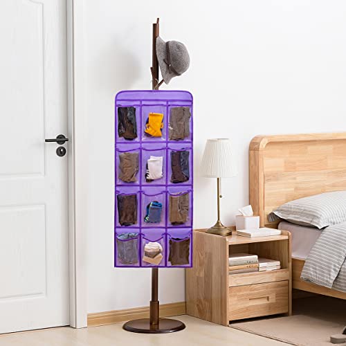 Dual Sided Hanging Shoe Organizer for Closet with Rotating Hanger Hanging Shoe Rack Holder with 24 Large Pockets (Purple-Clear Pockets) - color: PURPLE