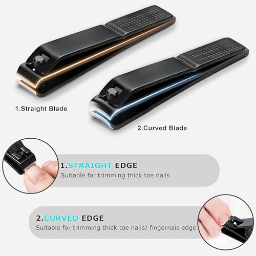 Large Nail Clippers Set for Thick Nails, Straight & Curved Edge | Heavy Duty Toenail Clippers,4 PCS Set Black,Stainless Steel Fingernail & Toe Nail Clippers with File for Men Women Adults - color: Black