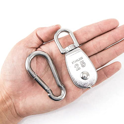6Pcs 304 Stainless Steel M25 Single Pulley Block, Wire Rope Hanging Wire Towing Wheel, with 6Pcs Spring Snap Hook - size: M25-6pcs
