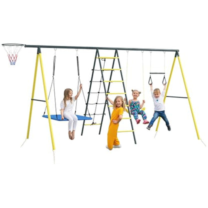 Outsunny 440 lbs Swing Set for Backyard, 5 in 1 Heavy-Duty A-Frame Stand Outdoor Playset for Kids, with Saucer Swing, Slide, Swing Seats, Gym Rings, Basketball Hoop, Climbing Steps and Net