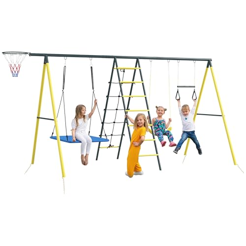 Outsunny 440 lbs Swing Set for Backyard, 5 in 1 Heavy-Duty A-Frame Stand Outdoor Playset for Kids, with Saucer Swing, Slide, Swing Seats, Gym Rings, Basketball Hoop, Climbing Steps and Net