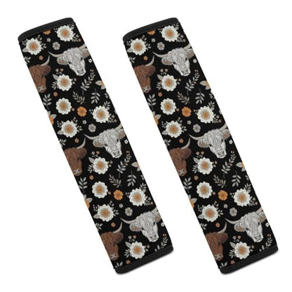 2 Piece Soft Padded Seat Belt Shoulder Pad for Adult Use, All Vehicles, Cute Highland Cow Floral Automotive Seat Belt Protector, Easy Install (No Tool) - color: Pattern 306