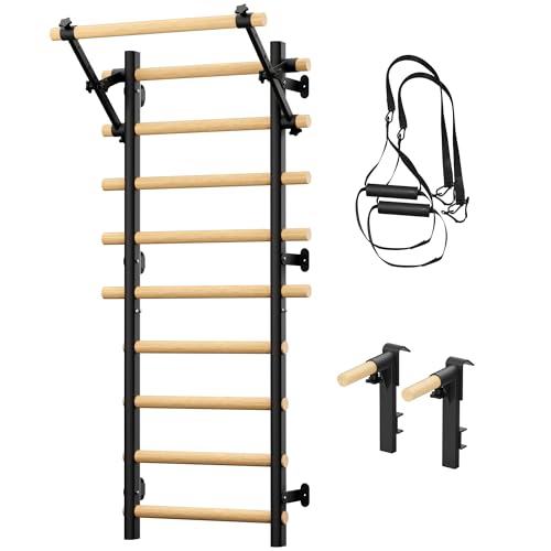 Swedish Ladder Wall Gym, Wooden Wall-Mounted Stall Bars with Pull-up Bar & Exercise Straps & Dip Bars, Stretching Ladder Full Body Home Gym Adults New - color: Black