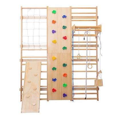 9-in-1 Indoor Climbing | All-in-One Wooden Home Playground with Rock Climbing Wall, Swings, Gymnastic Rings, Rope Ladder & More | Safe, Space-Saving Fitness & Fun for Family