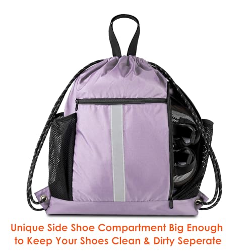 BeeGreen Lilac Drawstring Backpack Bag Gym Sports Backpack with Shoe Compartment and Two Water Bottle Holder for Women Men Large String Athletic Sackpack Workbag - color: Lilac, style: Drawstring With Shoe Compartment