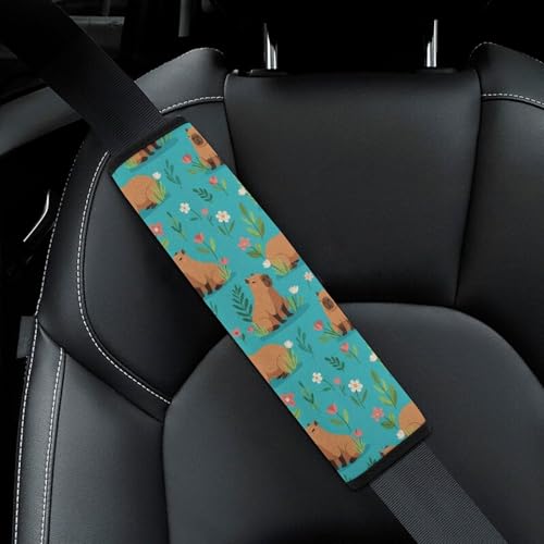 Breathable Seat Belt Shoulder Pad for Adults and Children, Stroller Pushchair High Chair, 2 Pack Capybara Floral Green Neck Strap Covers Easy Install (No Tool) - color: Pattern 283