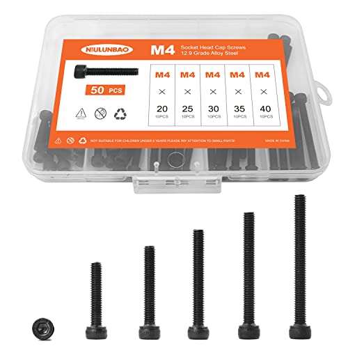 M4 x 20mm 25mm 30mm 35mm 40mm Hex Socket Head Cap Screws Bolts, 12.9 Grade Alloy Steel, Black Oxide Finish, Allen Hex Drive, Metric Machine Fully Threaded, Assortment Kit 50PCS - size: M4 x 20/25/30/35/40mm (50PCS)