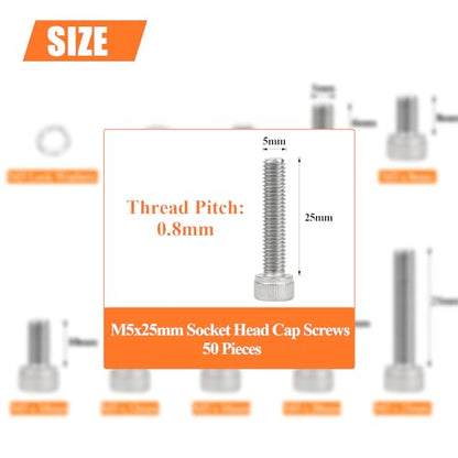 HELIFOUNER 50 Pieces M5 x 25mm, Thread Pitch 0.8mm, 304 Stainless Steel (18-8) Hex Socket Head Cap Screws, Fully Threaded - size: M5 x 25mm
