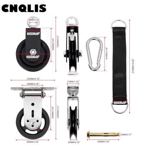 CNQLIS Gym Pulley Blocks - 3.54in/90mm Gym Wheel with Hanging Straps and Carabiner, Wall Mount Fixed Pulley, DIY Fitness Equipment - size: 3.54“ + 3.46”