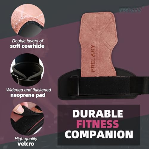 Frelaxy Lifting Wrist Straps for Women and Men, Weight Lifting Grips | Double-layer leather, Cushioned wrist support, Durable construction, Storage pouch, Deadlifts, rows, lat pulldowns - color: Pink/Black