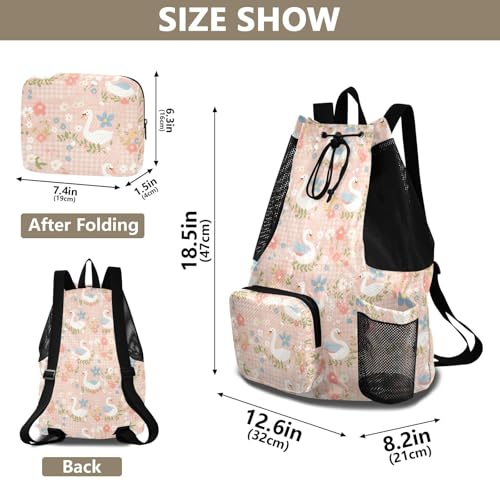 Drawstring Bags For Men Women Climbing Gym Bag With Inside Pockets Cinch Bags Waterproof Peach Spring Plaids Swan