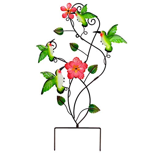 Juegoal 28 Inch Hummingbirds Garden Stake Decor, Colorful Look & Personalities Flowers Metal Wall Art Spring Decoration, Yard Outdoor Lawn Pathway Patio Ornaments - style: Hummingbirds