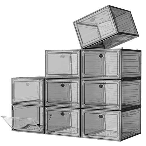 Large Thick Clear Shoe Organizer, Magnetic Door Stackable Shoe Storage Box | Foldable Shoe Storage Boxes for Sneakers & Boots, Space-Saving Closet Shoe Cabinet with Clear Magnetic Door, 9 Pack Black - color: Black, size: 9 pcs
