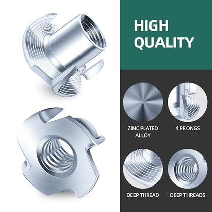 100PCS 1/4-20 T-Nuts Zinc Plated Steel Nutserts, 4-Pronged Tee Nut for Wood, Rock Climbing Holds T Nuts 1/4-20 Set for Wood Furniture - size: 1/4"-20