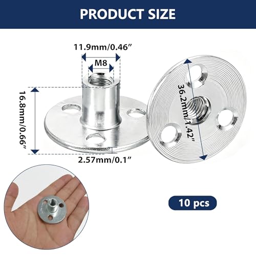 10Pcs M8 x 37mm (Base) x 17mm (Height) T Nuts for Wood, Zinc Plated Carbon Steel Round Base Tee Nut with Brad Holes, Heavy Duty Screw in T Nut for Furniture, Cabinet, Bed Legs Mounting & Climbing Hold - size: M8x17x37mm
