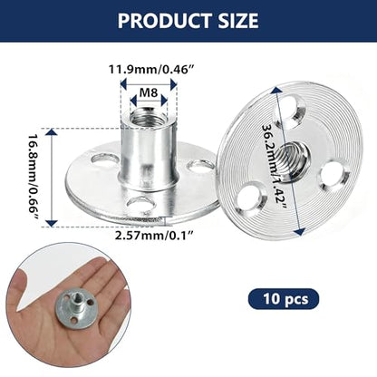 10Pcs M8 x 37mm (Base) x 17mm (Height) T Nuts for Wood, Zinc Plated Carbon Steel Round Base Tee Nut with Brad Holes, Heavy Duty Screw in T Nut for Furniture, Cabinet, Bed Legs Mounting & Climbing Hold - size: M8x17x37mm