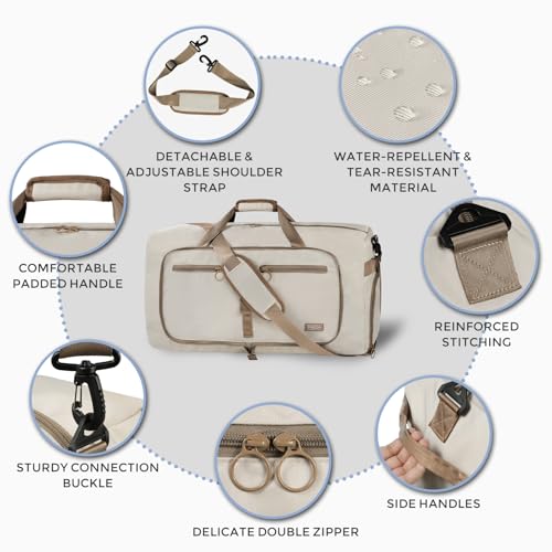 Fmeida 65L Duffle Bag with Shoes Compartment, Foldable Travel Duffel Bags for Men Women, Large Packable Travel Bag Water Repellent & Tear Resistant (Beige) - color: Glossy Beige