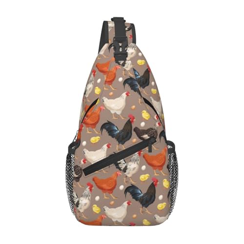 Funny Rooster Print Crossbody Sling Bags for Women Men Cute Chicken Cock Hen Domestic Animal Print Travel Sling Backpack Casual Shoulder Bag Rustic Country Farmer Life Theme Hiking Daypack - color: White Orange Black