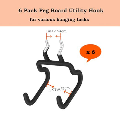 6 Pack Pegboard Hooks - Peg Board Tool Utility Hooks & Hangers Fit 1/4" Pegboards - Heavy Duty Metal Peg Board Shelving Hooks Wall Organizers and Storage for Garage Craft Workbench (S)