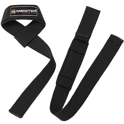 Meister Neoprene-Padded No-Slip Weight Lifting Straps for Grip (Pair) | Ridged woven cotton construction, enhanced wrist comfort and support for deadlifts, pulls, shrugs and heavy lifting - color: Black