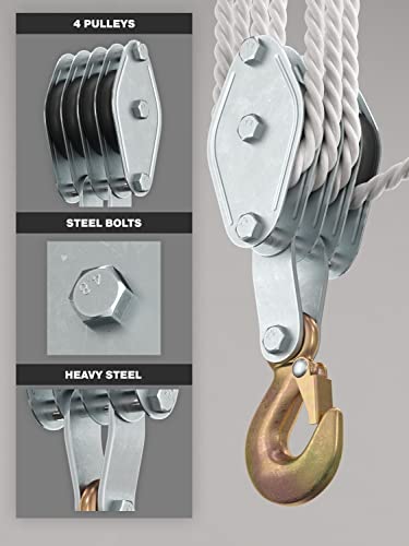 Block and Tackle Pulley System for Lifting Objects - SoB 4000LB Breaking Strength with 65 Feet of 3/8" Rope - 7:1 Lifting Power - Heavy Duty Rope Hoist Pulley System for Garage Warehouse Construction