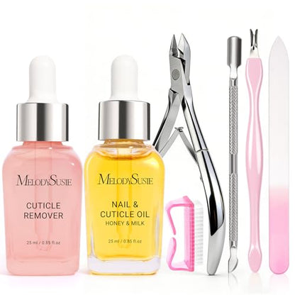 MelodySusie Cuticle Remover Kit 25ML Cuticle Remover Cream and Oil | Cuticle Nipper,Trimmer Pusher,Nail File and Brush for Cuticle Softener & Moisturize Manicure Kit for Nail Care - size: 7Pcs Milk & Honey